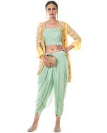 Indo Western Dress: Buy Readymade Green Top Dhoti Pant Set With Jacket