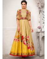 Buy Yellow Digital Printed Art Silk Indian Gowns Online For Wedding