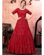 Red Mirror Work Tiered Style Gown In Georgette