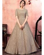 Beige Georgette Gown In Foil Mirror Work