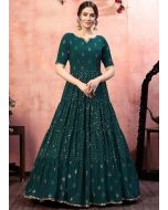 Green Georgette Mirror Work Gown In Tiered Style