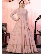 Pink Georgette Embroidered Tiered Style Gown 