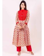 Readymade White Red Block Printed Kurta Pant Set