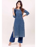 Blue Straight Cut Block Printed Kurta Pant Set