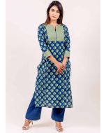 Readymade Blue Block Printed Top Bottom Set