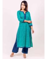 Turquoise Readymade Block Printed Kurta Pant Set