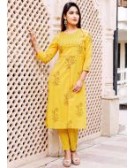 Yellow Floral Block Printed Readymade Kurta Pant Set