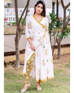 Angrakha Style Block Printed White Kurta Pant Set