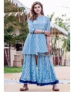 Blue Readymade Block Print Sharara Kurti Set