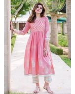 Pink Readymade Block Printed Kurta Pant Set