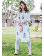 White Straight Cut Block Printed Kurta Pant Set