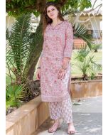 Light Pink Block Print Straight Cut Kurta Set 