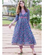 Readymade Block Print Floral Blue Kurta Set