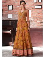 Indo Western Dress: Buy Floral Digital Print Brown Silk Readymade Indian Gowns Online