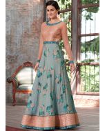 Indo Western Dress: Buy Readymade Turquoise Floral Digital Print Silk Indian Gown Online