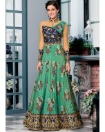 Green Embroidered Silk Printed Readymade Gown