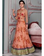 Readymade Floral Digital Print Peach Silk Gown