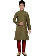 Readymade Dark Olive Green Art Silk Kids Kurta Pajama