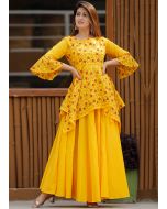 Buy Yellow Readymade Printed Asymmetric Indian Kurtis Online with Skirt USA