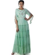 Turquoise Ruffled Readymade Embroidered Gown