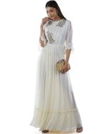 Readymade White Embroidered Bell Sleeves Pleated Gown 