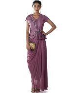 Pink Floral Embroidered Peplum Jacket Style Draped Gown