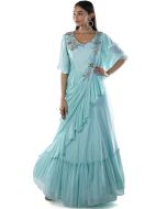 Turquoise Embroidered Peplum Gown With Frilled Dupatta