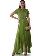 Readymade Green Asymmetric Embroidered Gown 