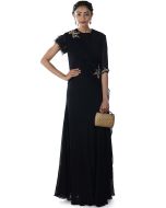 Black Hand Embroidered Feathered Sleeves Gown