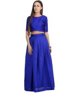 Blue Pleated Flared Dupion Silk Skirt With Top