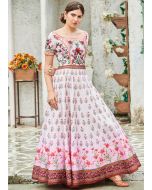 White and Pink Shaded Digital Floral Printed Gown