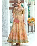 Peach and Beige Shaded Floral Digital Print Indowestern Gown