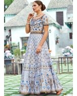 Grey Readymade Digital Floral Printed Indowestern Gown