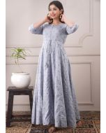 Blue Printed Readymade Casual Dress In Chanderi