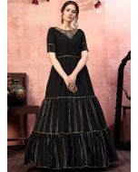 Black Art Silk Tiered Style Embroidered Gown