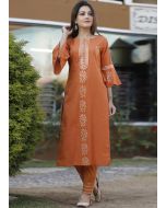 Orange Bell Sleeved Block Print Kurta Pant Set