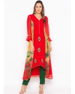 Red Asymmetric Tie-Dye Printed Kurta With Pant