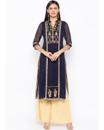 Navy Blue Embroidered Long Kurta With Palazzo