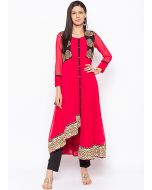 Red Asymmetric Embroidered Long Kurta Pant Set