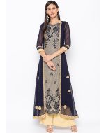 Navy Blue Embroidered Long Kurta With Palazzo