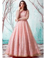 Designer Pink Foil Printed Net Readymade Indo Western Gown UK USA