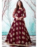 Maroon Readymade Net Gown For Party Wear