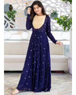 Blue Sequins Embroidered Readymade Gown In Chiffon