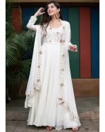 Embroidered White Readymade Gown With Jacket