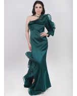 Readymade Green Ruffled Slit Satin Gown