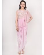 Pink Embellished Drape Style Gown In Lycra