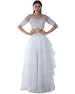 White Hand Embroidered Top With Layered Skirt