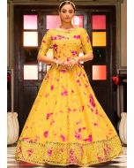 Readymade Yellow Embroidered Gown In Tie-Dye Print