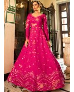 Readymade Pink Embroidered Flared Gown In Cotton