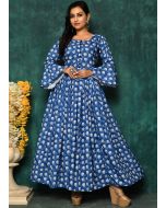 Blue Printed Readymade Bell Sleeved Gown